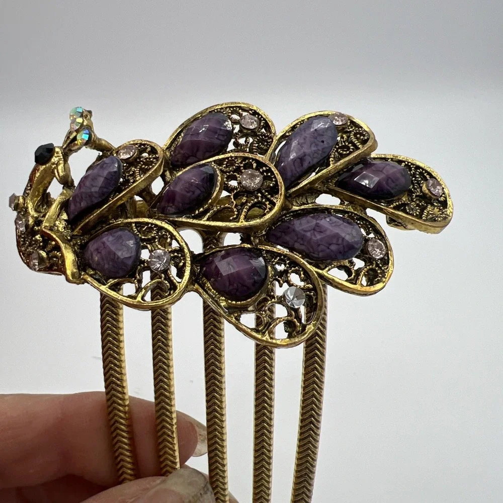 Peacock beads & Rhinestones Hair Comb purple , black and AB‎ gold tone